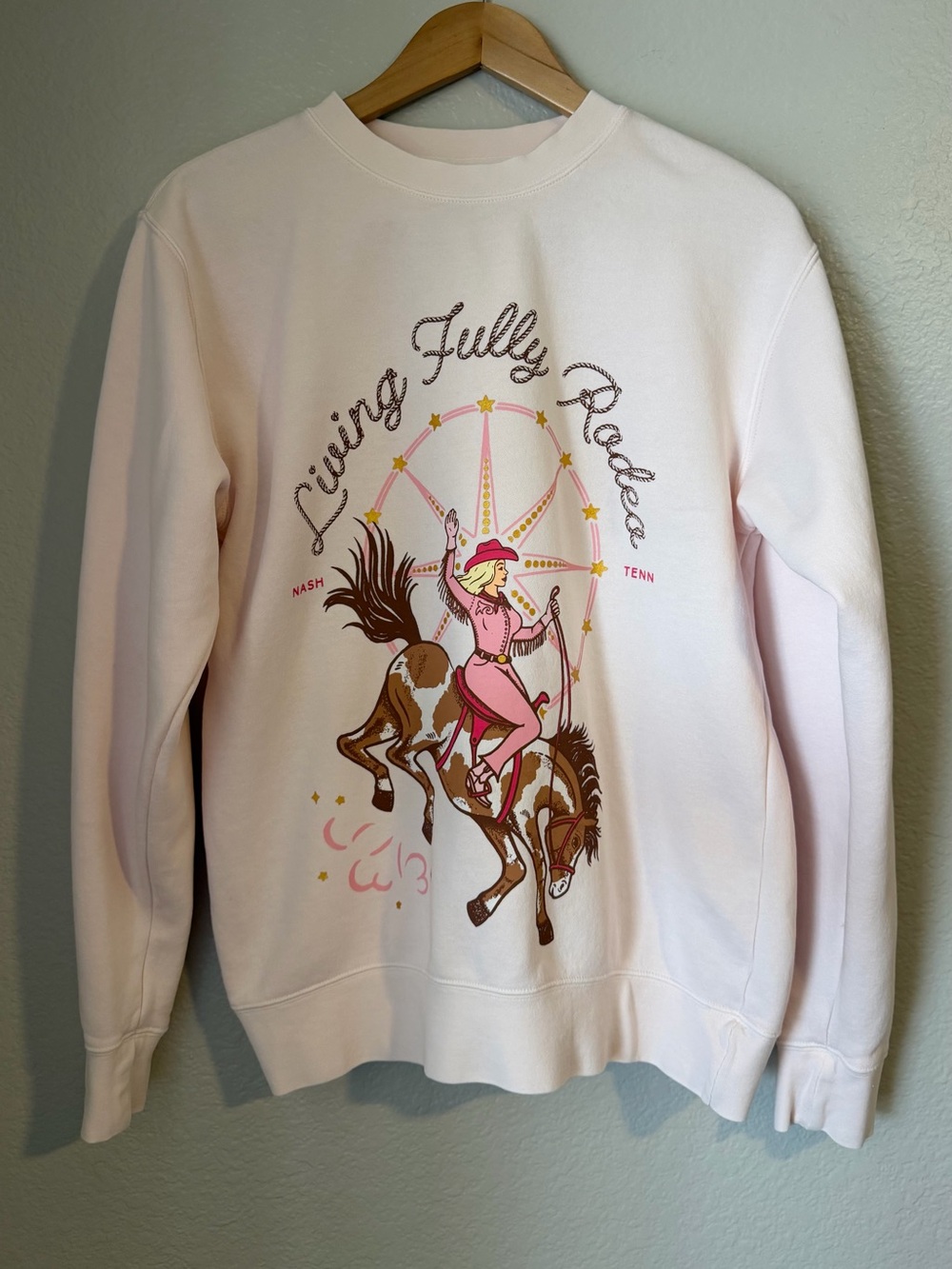 Living Fully Rodeo Crewneck Sweatshirt Rosy Pink Western Graphic Size Small